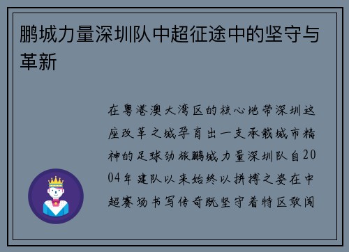 鹏城力量深圳队中超征途中的坚守与革新